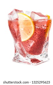 Delicious Cocktail Using Hydrated Chia Seeds And Tart Cherry Juice With Fresh Lemon Served On The Rocks Over A White Background