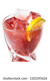 Delicious Cocktail Using Hydrated Chia Seeds And Tart Cherry Juice With Fresh Lemon Served On The Rocks Over A White Background