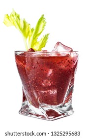 Delicious Cocktail Using Hydrated Chia Seeds And Tart Cherry Juice With Fresh Celery Served On The Rocks Over A White Background