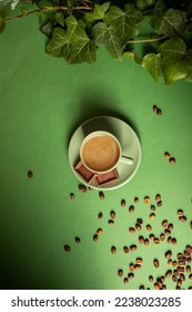 Delicious coffee in a green coffee mug on a green background with green leaves. Chocolate and coffee with sprinkled coffee beans on green background