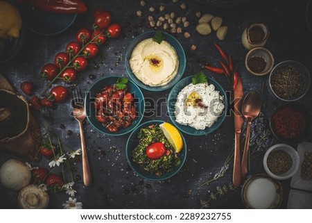 Delicious Cold Mezze Platter Top View, Hummus, Haydari, Şakşuka, Parsley Salad, Middle Eastern Cuisine, Appetizers, Fresh Ingredients, Colorful Spread, Vegetarian Options, Food Photography