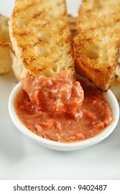 Delicious And Colorful Capsicum Dip With Grilled Turkish Bread.