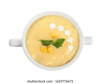 Delicious Corn Cream Soup Isolated On White, Top View