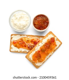 Delicious Crackers With Cottage Cheese And Jalapeno Pepper Jam On White Background