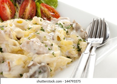 Delicious Creamy Chicken Penne Pasta With A Garden Salad.