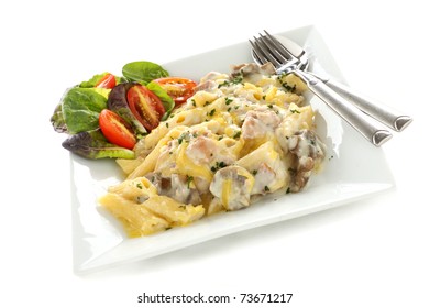 Delicious Creamy Chicken Penne Pasta With A Garden Salad.