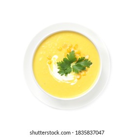 Delicious Creamy Corn Soup Isolated On White, Top View