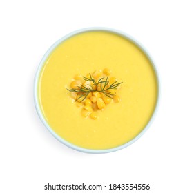 Delicious Creamy Corn Soup Isolated On White, Top View