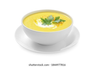 Delicious Creamy Corn Soup Isolated On White