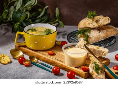 Delicious creamy soup with croutons, fresh baguette with cheese sauce, and cherry tomatoes, creating a flavorful and inviting meal - Powered by Shutterstock