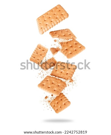 Delicious crispy biscuit crushed in the air close-up on a white background