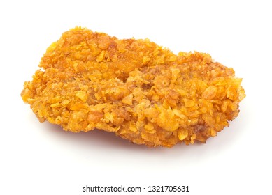 Delicious crispy chicken fillet in bread crumbs, close-up, isolated on white background.