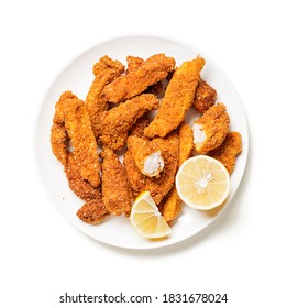 Delicious Crispy Fried Breaded Chicken Breast Strips .top View.  Isolated On White Background