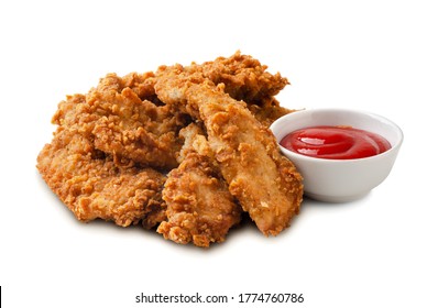 Delicious crispy fried chicken breast strips with tomato sauce isolated on a white background - Shutterstock ID 1774760786