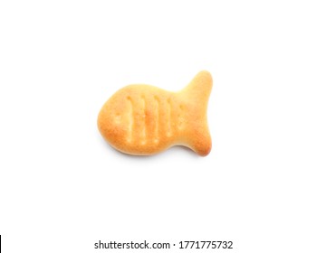 Delicious Crispy Goldfish Cracker Isolated On White, Top View