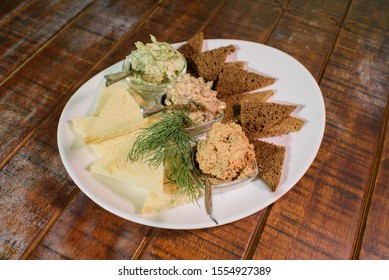 Delicious Croutons With Forshmak, Liver Pâté And Lard With Garlic. Russian Appetizer