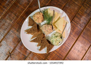 Delicious Croutons With Forshmak, Liver Pâté And Lard With Garlic. Russian Appetizer