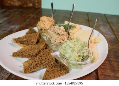 Delicious Croutons With Forshmak, Liver Pâté And Lard With Garlic. Russian Appetizer