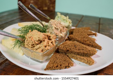 Delicious Croutons With Forshmak, Liver Pâté And Lard With Garlic. Russian Appetizer