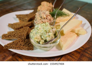 Delicious Croutons With Forshmak, Liver Pâté And Lard With Garlic. Russian Appetizer