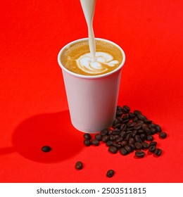 Delicious cup of coffee with milk on red background with coffee beans - Powered by Shutterstock