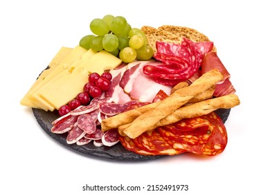 Delicious Cured Meat Platter, Isolated On White Background. High Resolution Image