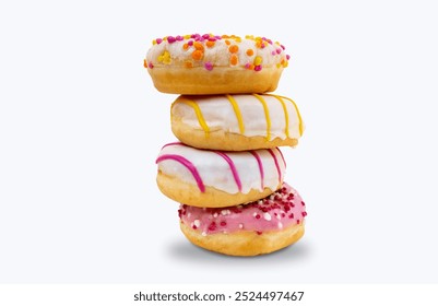 Delicious dessert. Pink, white and chocolate donuts with multicolored sprinkles on a white background of Sweets. Confectionery products. - Powered by Shutterstock