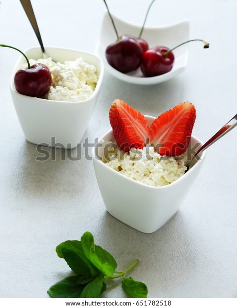 Delicious Desserts Cottage Cheese Yoghurt Cherries Stock Photo