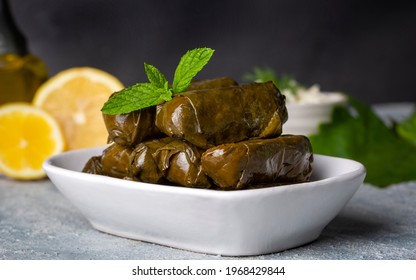 Delicious dolma (sarma) stuffed grape leaves rice, white yogurt sauce. Lebanese dolma sarma on plate. Lebanon turkish greek middle eastern cuisine. (Turkish name; Yaprak sarma)