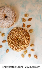 Delicious Donut With Nuts And Stuffing Top View.