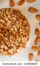 Delicious Donut With Nuts And Stuffing Top View.