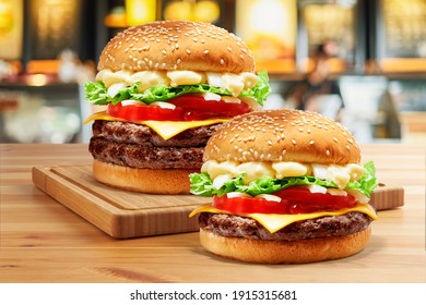 Delicious Double Beef Burger consists of Bun Bread Patty Pickle Onion Mayonaisse Ketchup Cheddar Cheese and lettuce in a yellow background