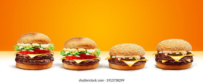 Deliciosa hamburguesa de carne de queso doble consiste en pan de bollo, patty, piquetes, cebolla, mayonesa, ketchup y queso cheddar con fondo amarillo para el moderno restaurante de comida chatarra rápida