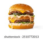 Delicious double cheeseburger, big mac, big double cheeseburger with two cutlets isolated on white background