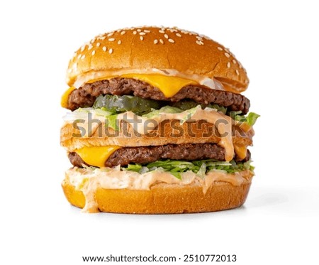 Delicious double cheeseburger, big mac, big double cheeseburger with two cutlets isolated on white background