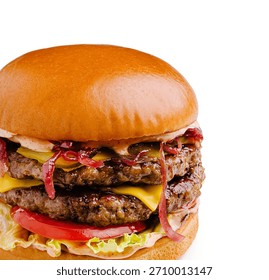 A delicious double cheeseburger featuring two beef patties, melted cheese, lettuce, tomato, pickles, and grilled onions, all sandwiched in a soft, toasted bun. Perfect for a satisfying meal.