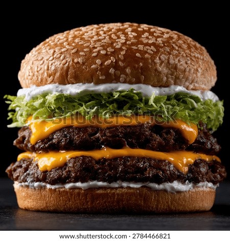 A delicious double cheeseburger featuring two beef patties, melted cheddar cheese, fresh lettuce, and a sesame seed bun, presented against a dark background.