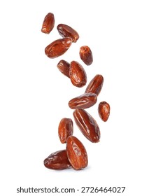 Delicious dried dates are falling down close-up isolated on a white background	
