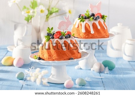 Delicious Easter ring cake as perfect Easter card. Easter cake with fruits.