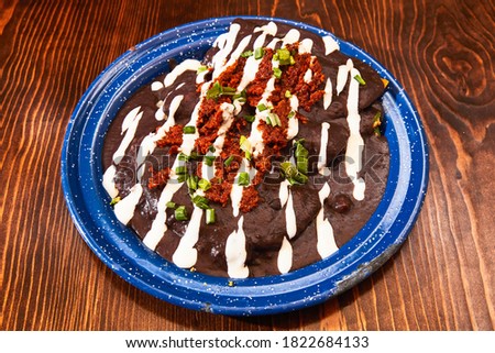 Delicious enchiladas with mole and cream. Mexican food