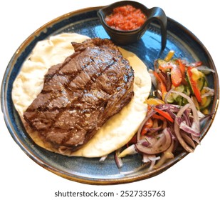 The delicious European Cuisine: Ribeyes Steaks on bread,Salad and Tomato Sauce - Powered by Shutterstock