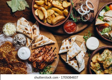 Delicious European And Slavic Cuisine On The Big Table Waiting For Guests. Table With Food, Top View