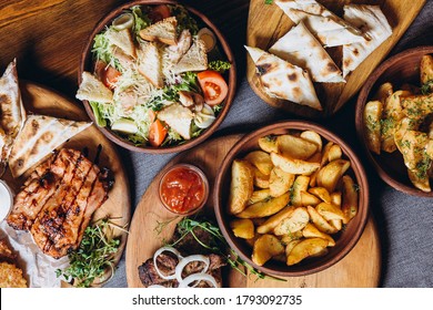 Delicious European And Slavic Cuisine On The Big Table Waiting For Guests. Table With Food, Top View