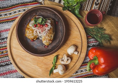 Delicious European And Slavic Cuisine On The Big Table Waiting For Guests. Table With Food And Top View