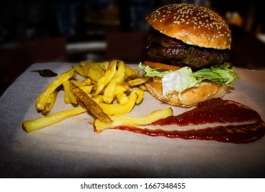 Delicious Fancy Hamburger Made With Grilled Kobe Meat With French Fries And Tomato Sauce