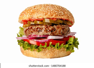 Delicious fastfood grilled fresh tasty burger isolated on white background - Shutterstock ID 1480704188