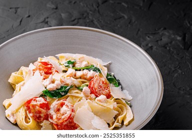 Delicious fettuccine with shrimps, spinach and parmesan cheese seasoned with creamy sauce and decorated with fresh cherry tomatoes lying on gray plate - Powered by Shutterstock