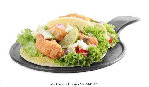 Delicious Fish Tacos With Lime Isolated On White