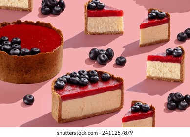 Delicious food photo. Cheesecake with strawberry jam and blueberries with hard shadows. sweet concept pattern pink background