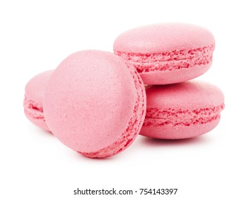 Delicious four pink macarons or macaroons isolated on a white background